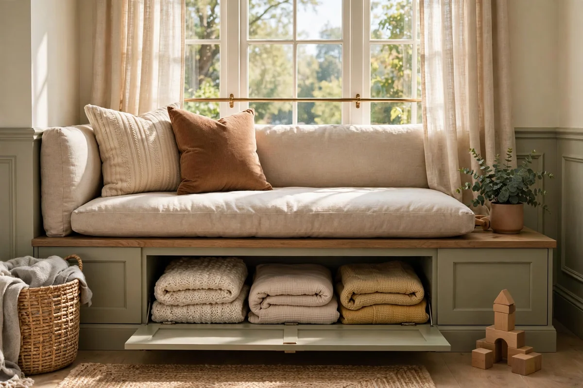 Nursery window seat bench with a cushion and storage holding folded blankets