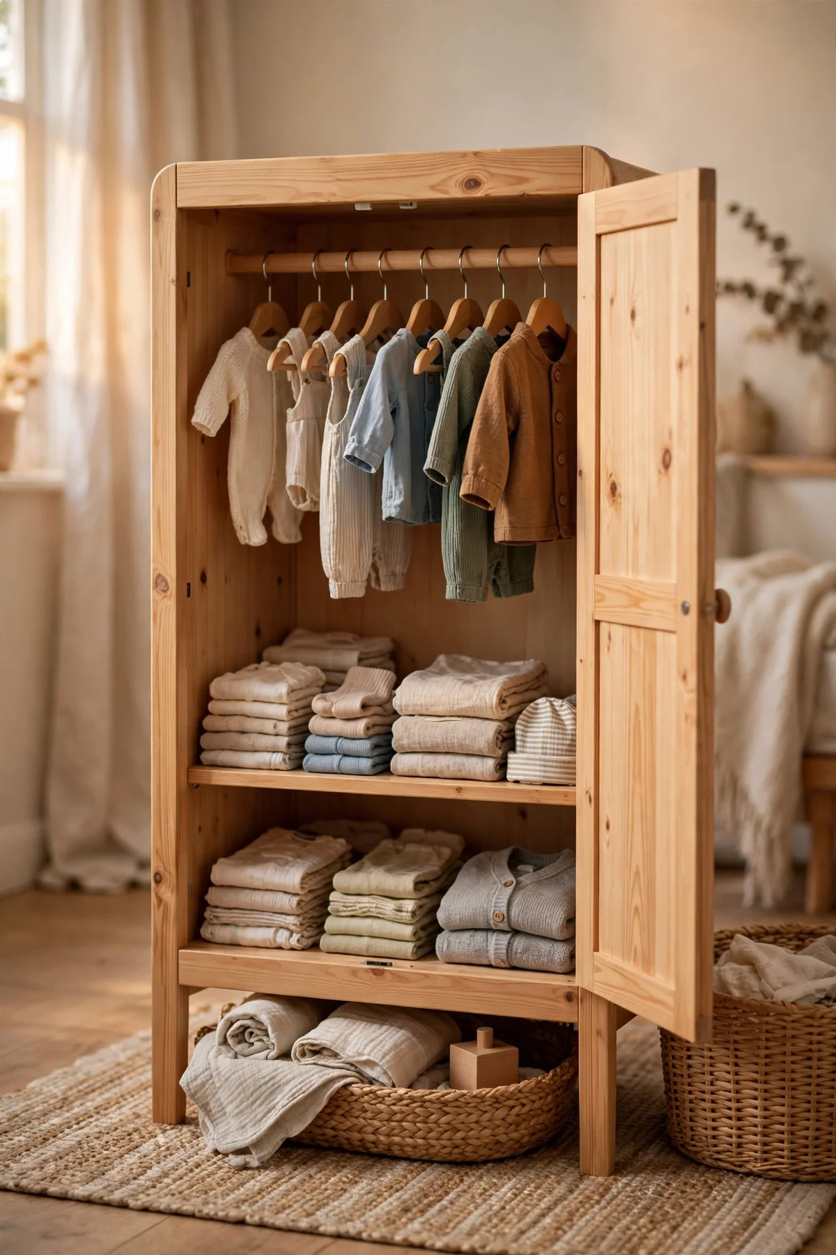 Compact wooden nursery wardrobe with tiny clothes hanging in size order