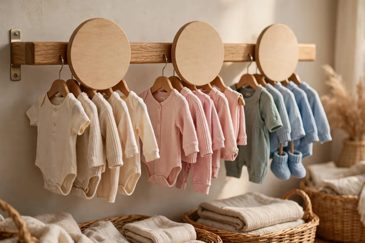Hanging rail with round wooden divider discs separating tiny clothes by size