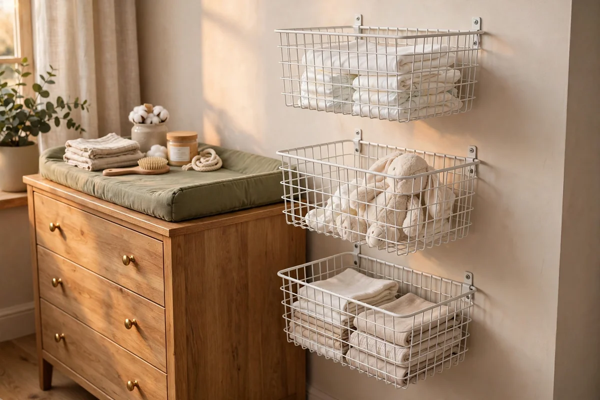 Three white wire wall baskets mounted beside a changing dresser