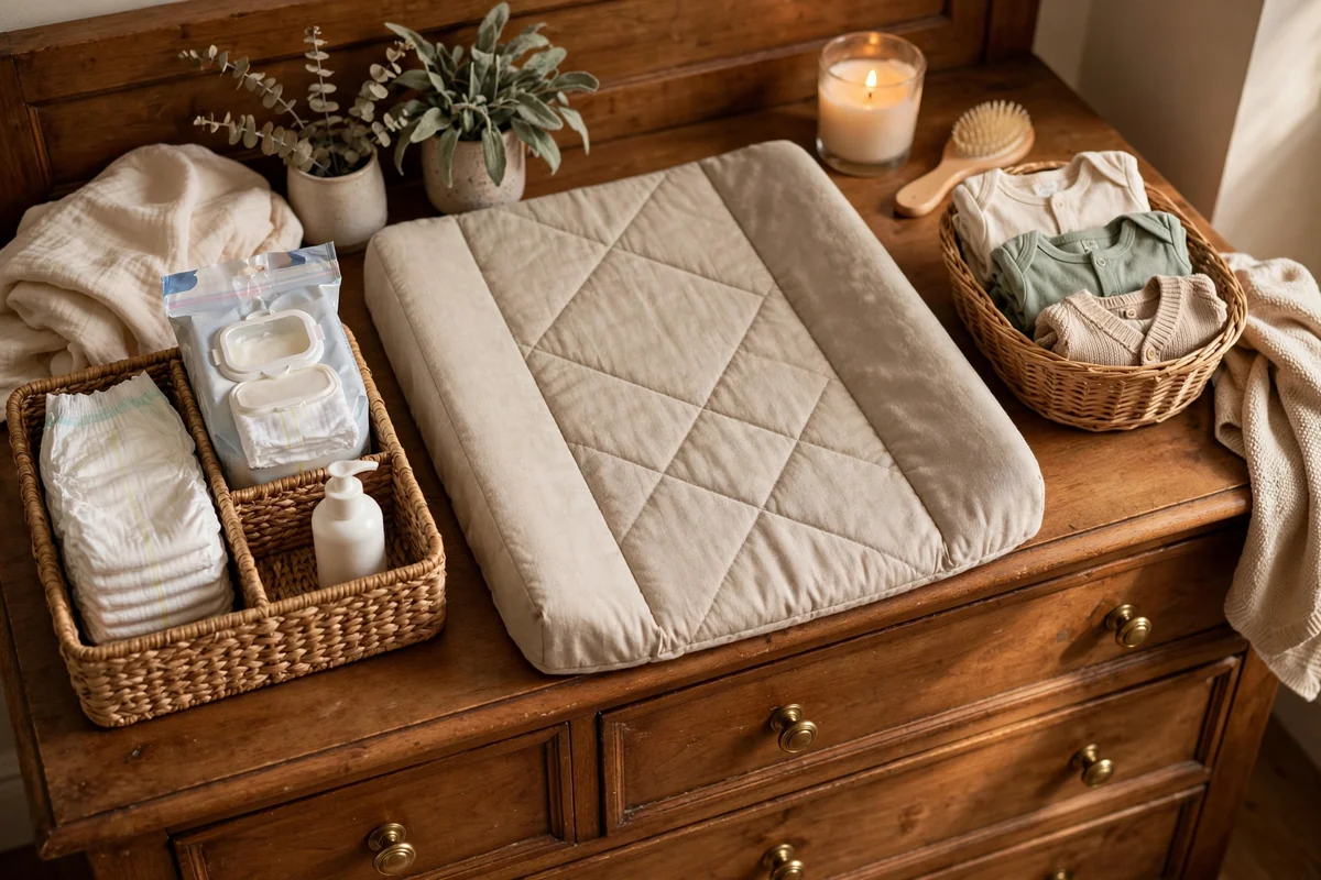 Complete changing station on a dresser top with a caddy of nappies and wipes
