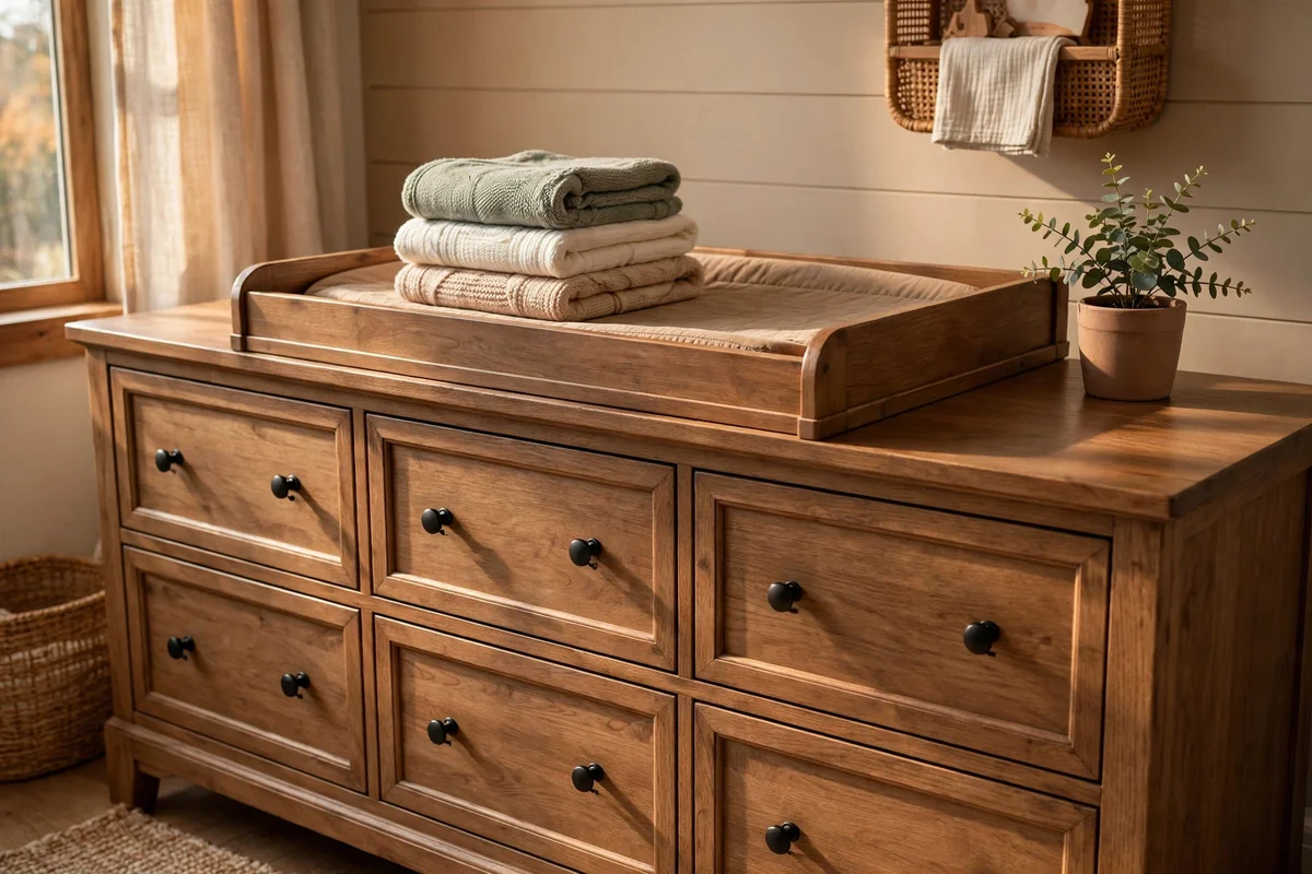 Wide nursery dresser with a changing top, deep drawers and folded blankets