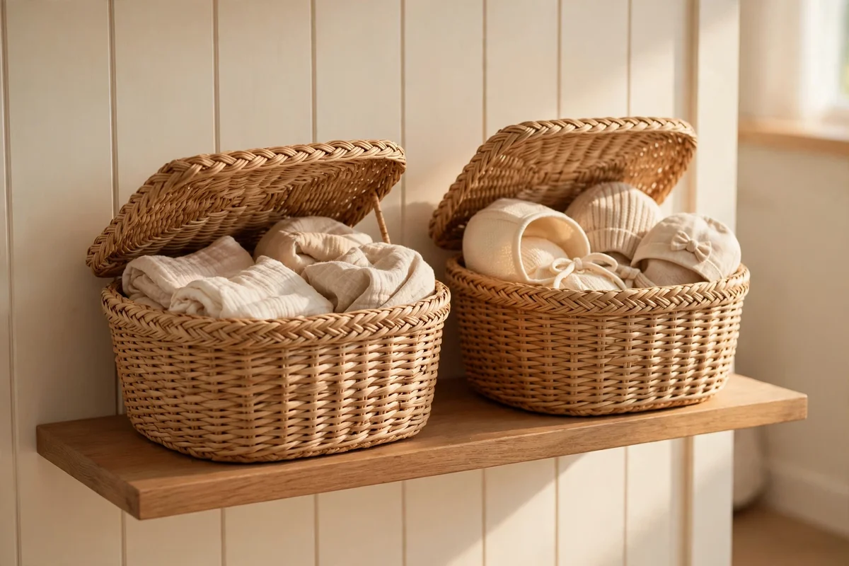 Two lidded woven baskets on a high nursery shelf holding muslins and hats