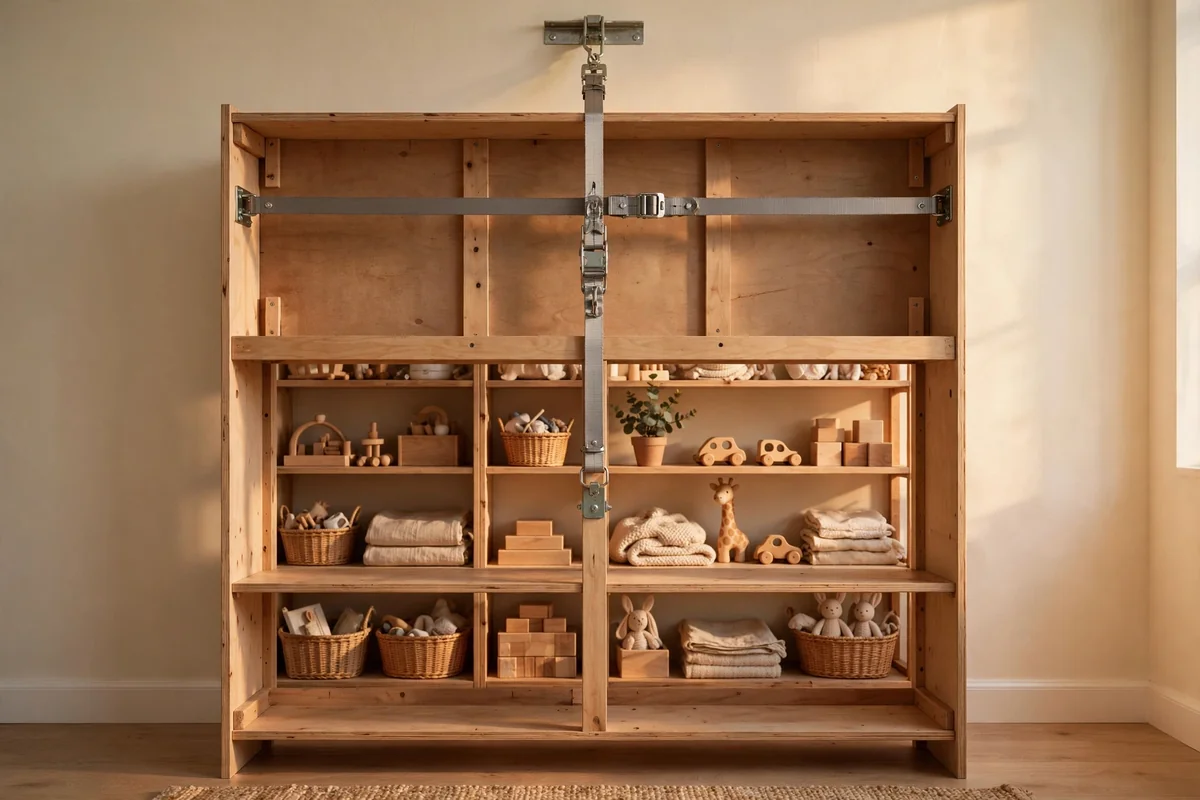 Back of a tall nursery bookcase with a metal safety strap anchoring it to the wall