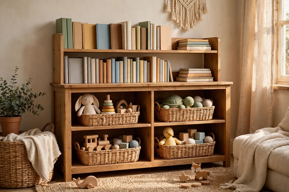Low wooden bookcase with open shelves and cubbies of books and toys
