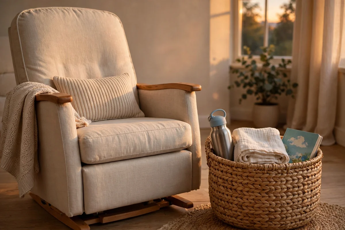 Glider chair with a woven basket holding a water bottle, muslin and board book