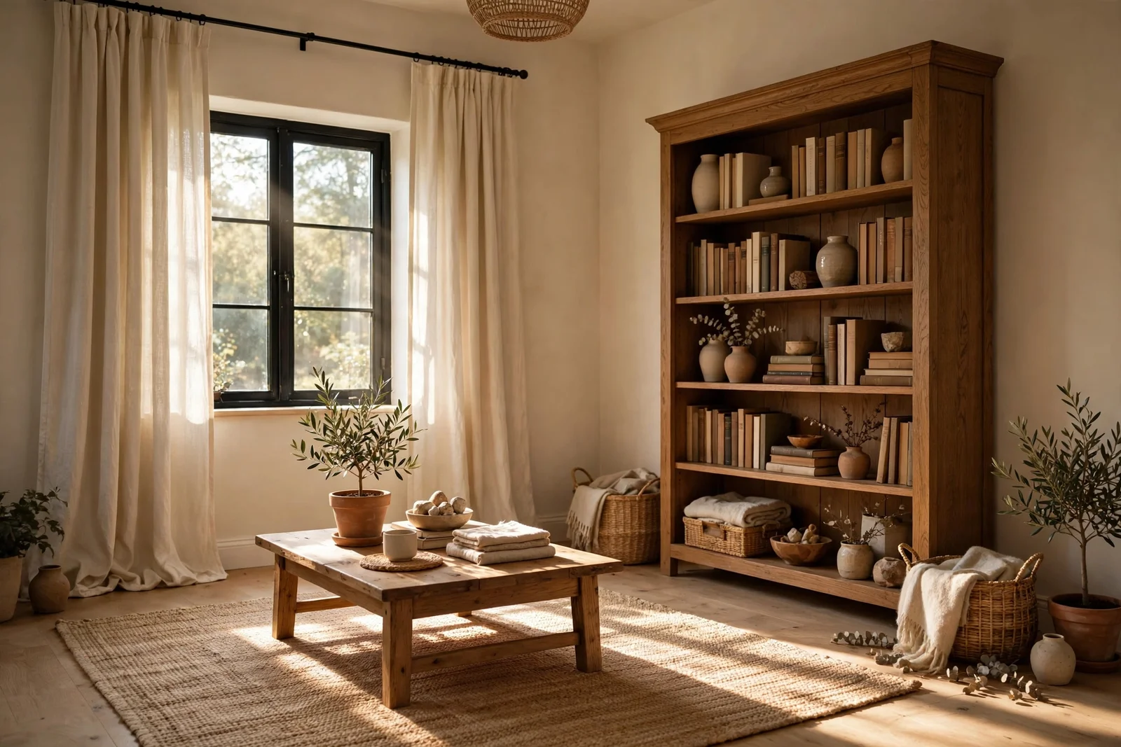 Living room with an off-centre window balanced by wide curtains and a tall bookcase