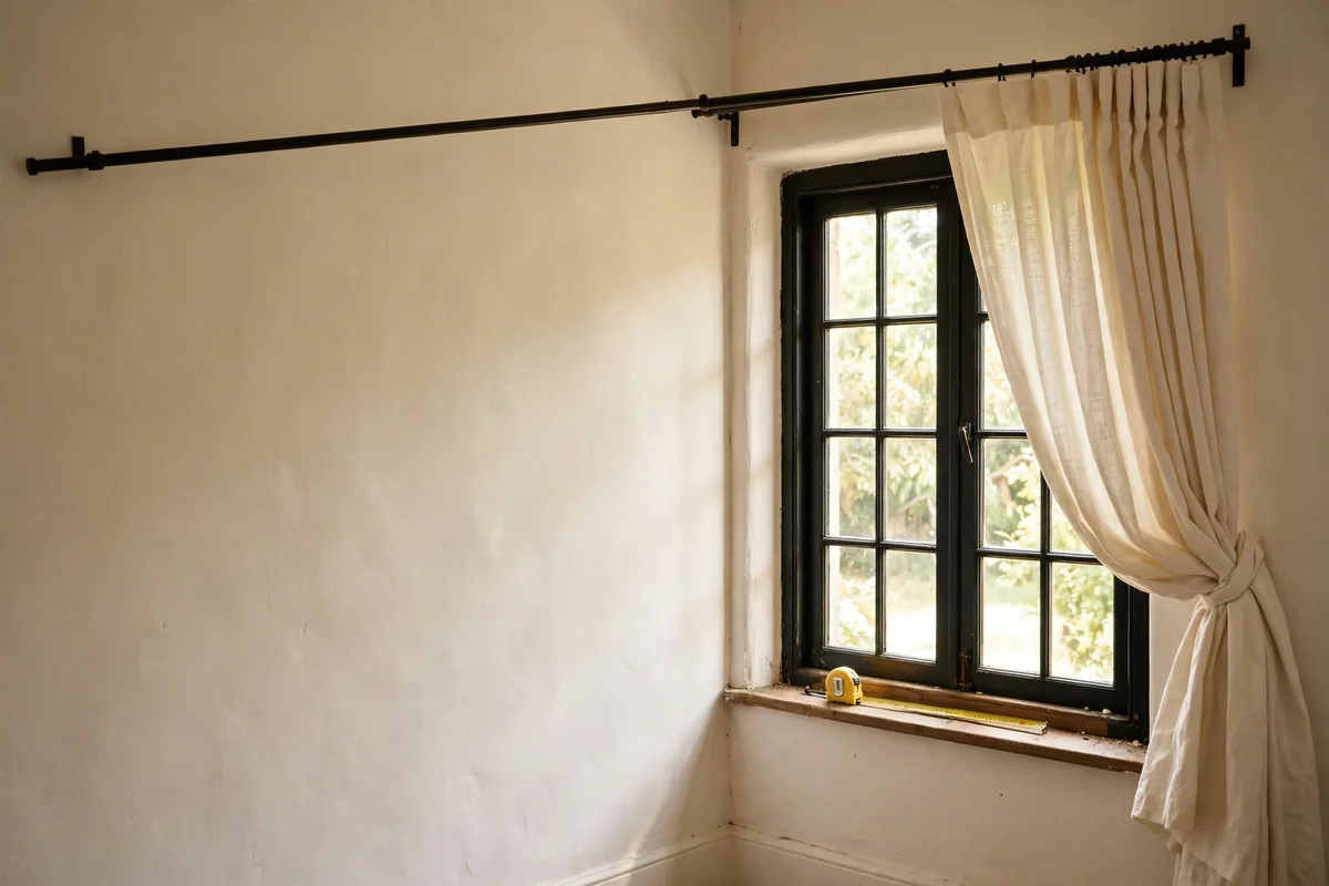 Long curtain rod extending past an off-centre window frame onto the bare wall side