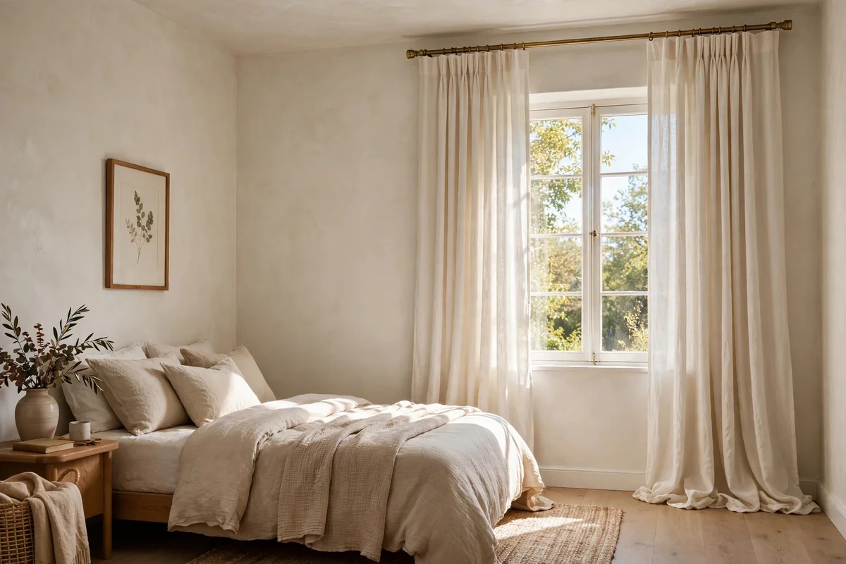 Curtain rod mounted high above an off-centre window with floor-length ivory curtains