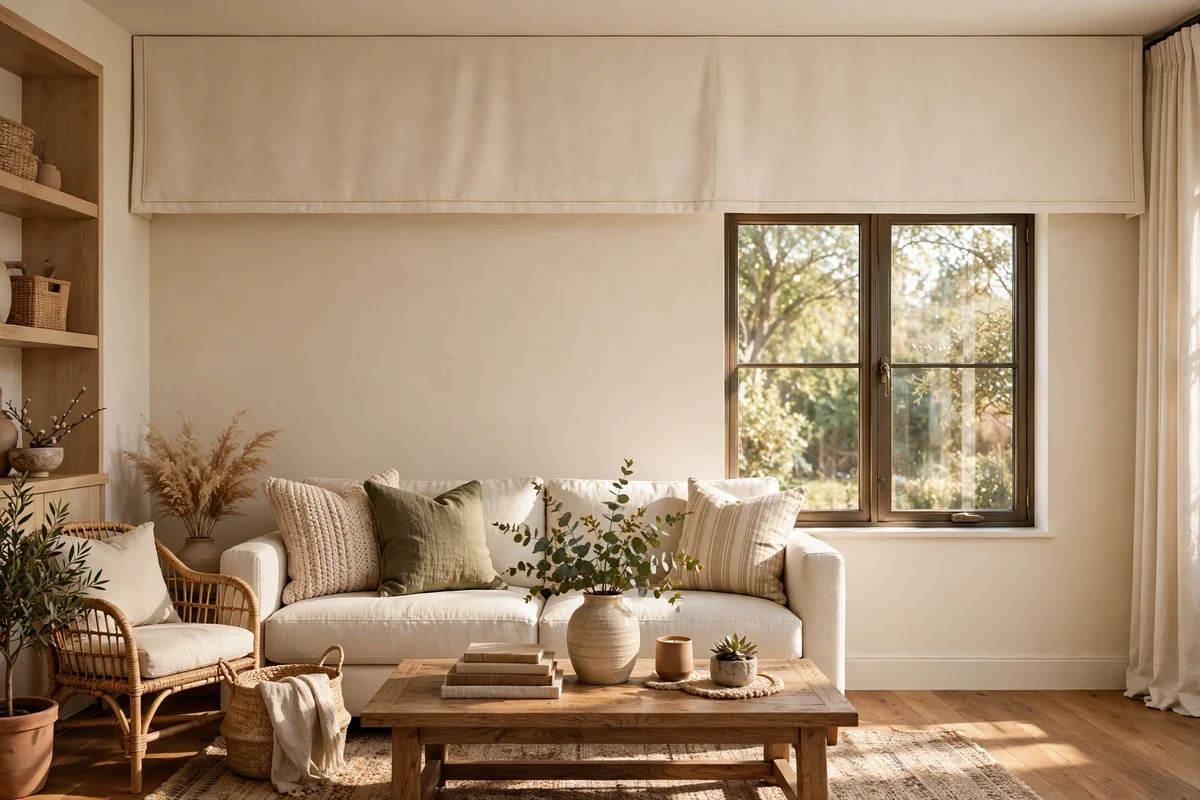 Wall-to-wall upholstered pelmet above an off-centre window