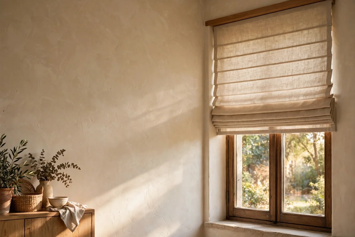 Wide Roman shade mounted outside the recess of an off-centre window