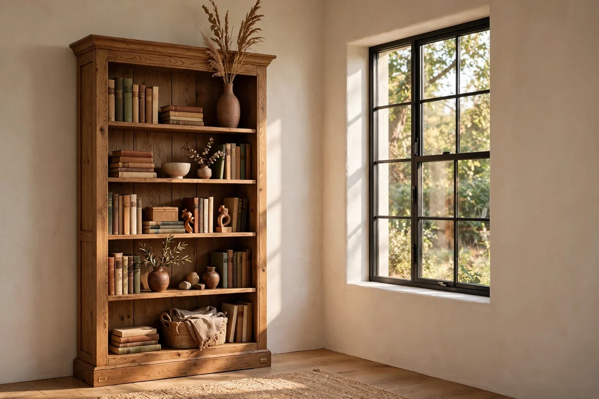 Tall bookcase on the emptier side of a wall with an off-centre window