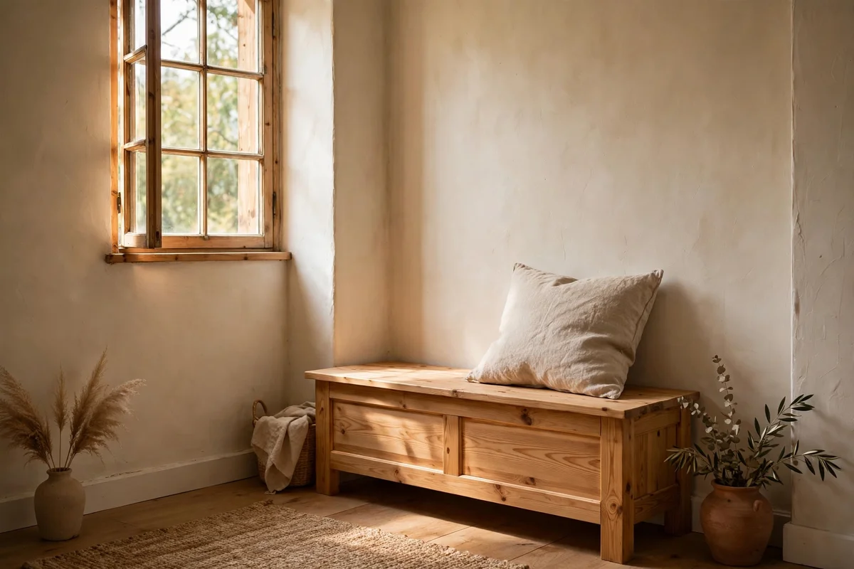 Low bench shifted toward the narrow side beneath an off-centre window