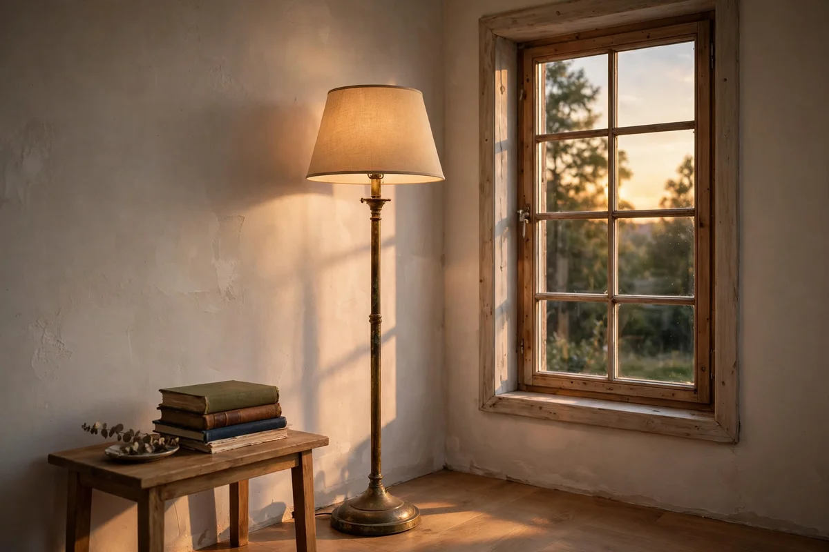 Tall floor lamp anchoring the empty side of an off-centre window wall