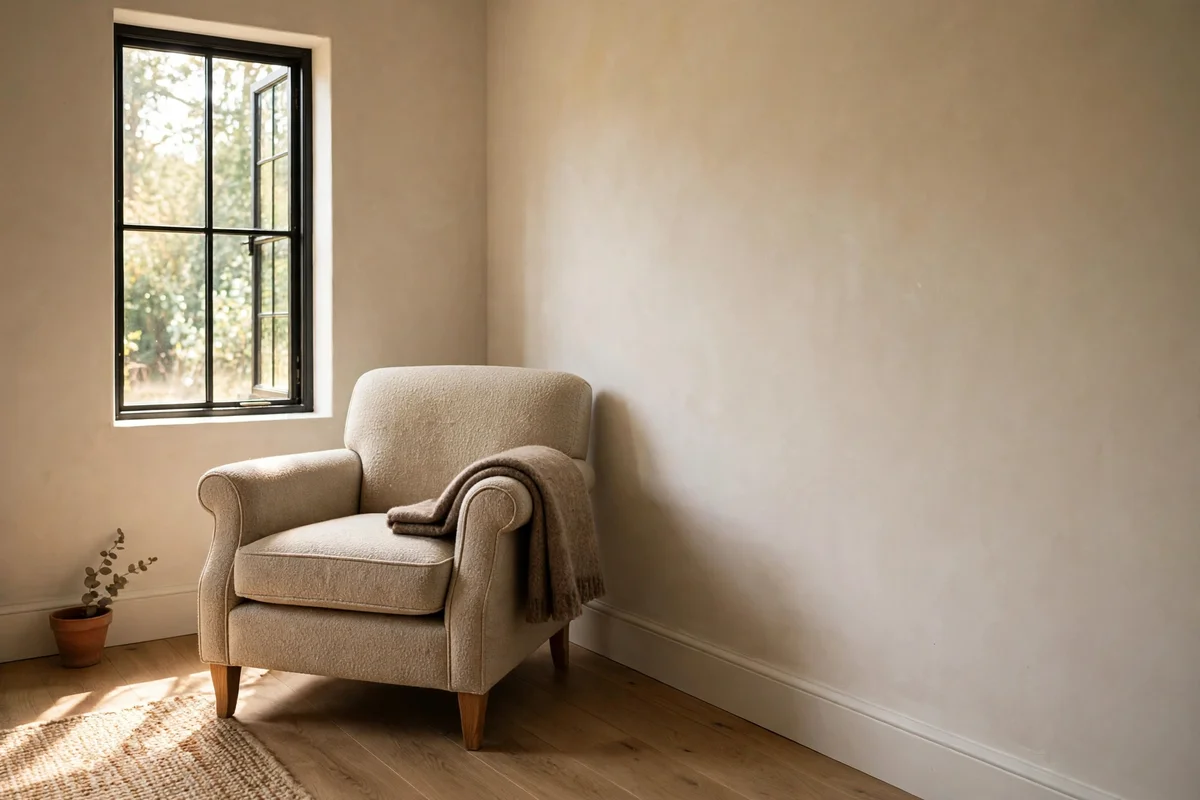 Armchair angled into the corner of the longer bare side