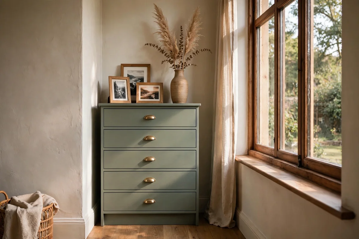 Slim chest of drawers filling the narrow gap beside an off-centre window