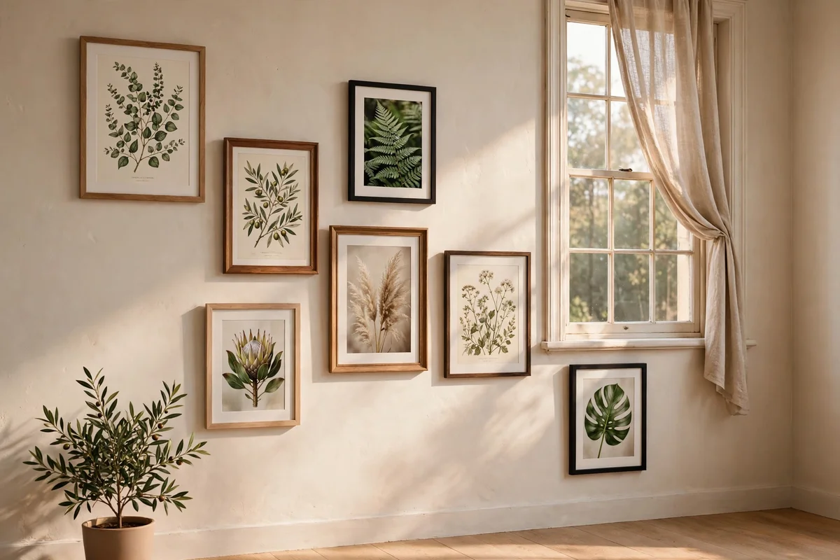 Gallery of framed prints filling the larger bare side of the wall