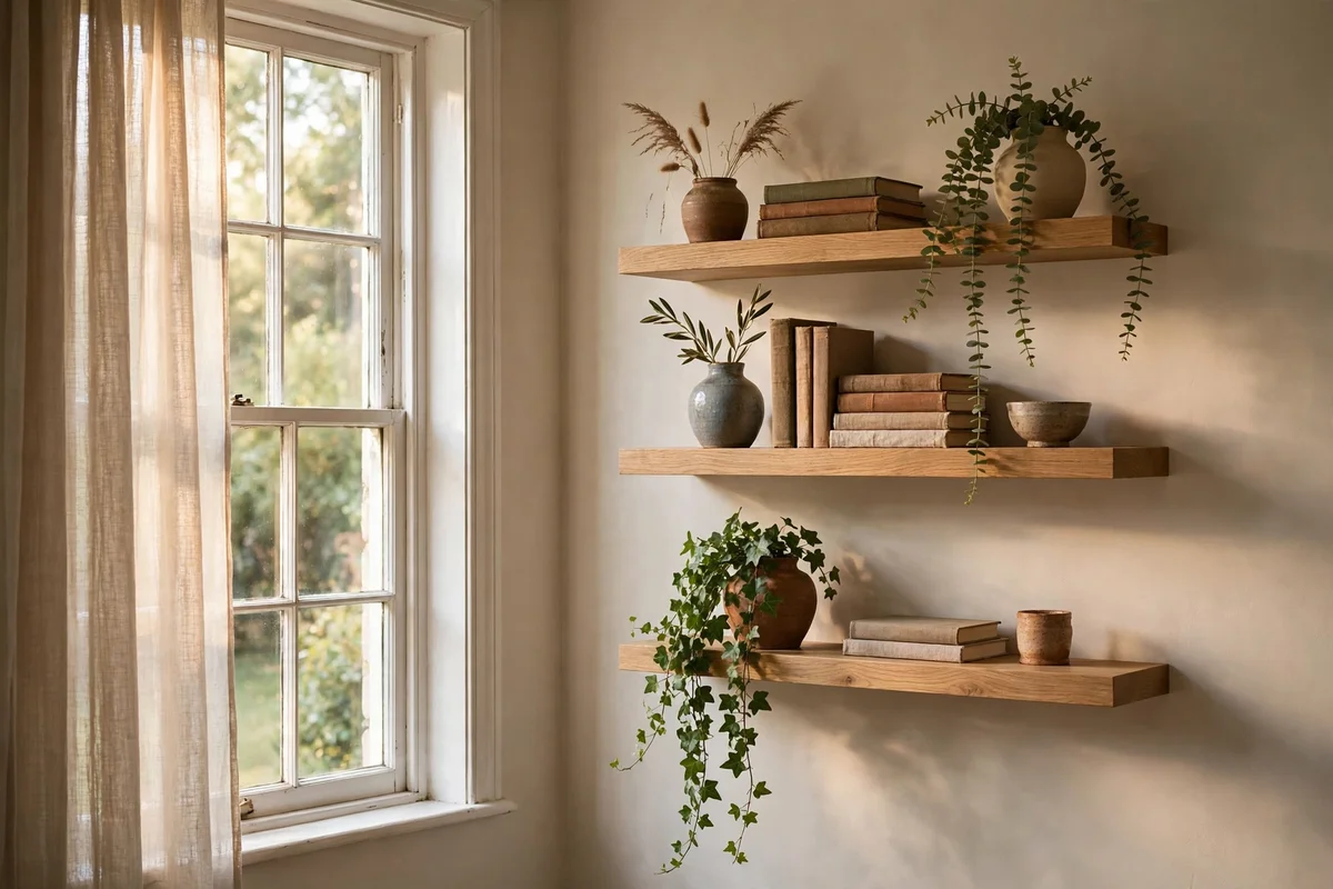 Oak floating shelves on the empty side of an off-centre window wall