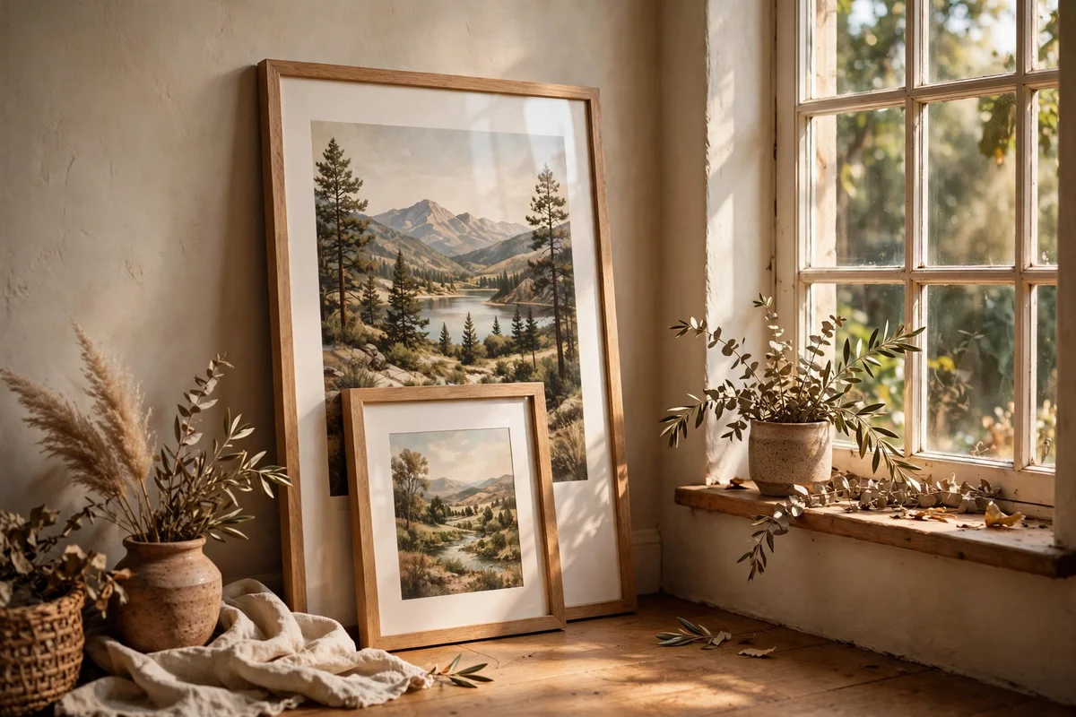 Tall framed print leaned against the longer wall beside the window