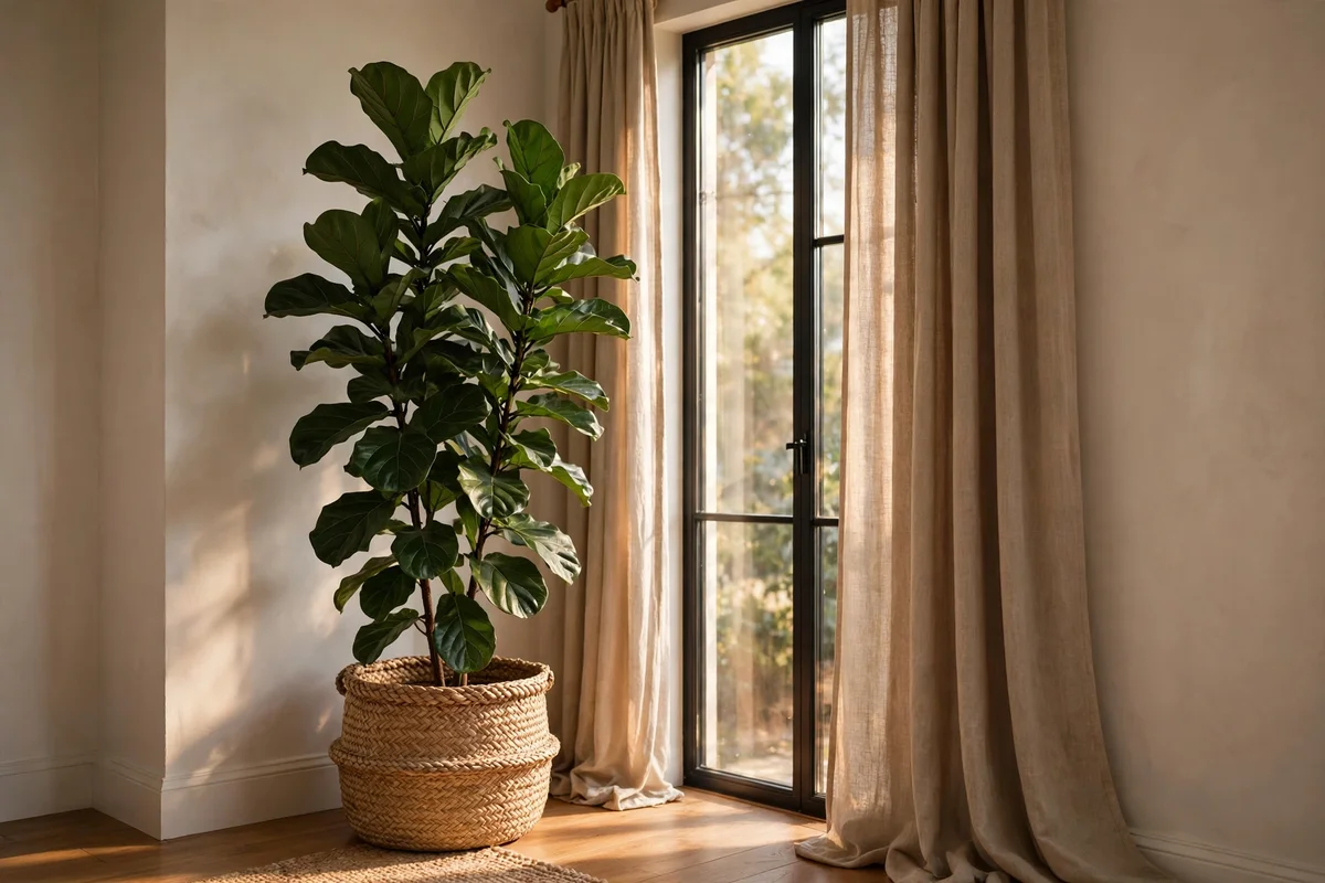 Tall floor plant filling the narrow side of an off-centre window