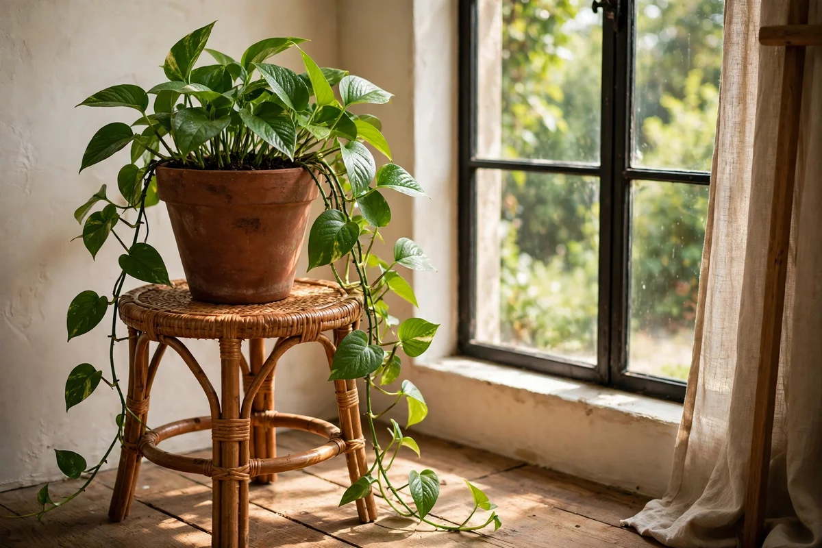 Trailing plant on a stool softening the bare side of the window wall