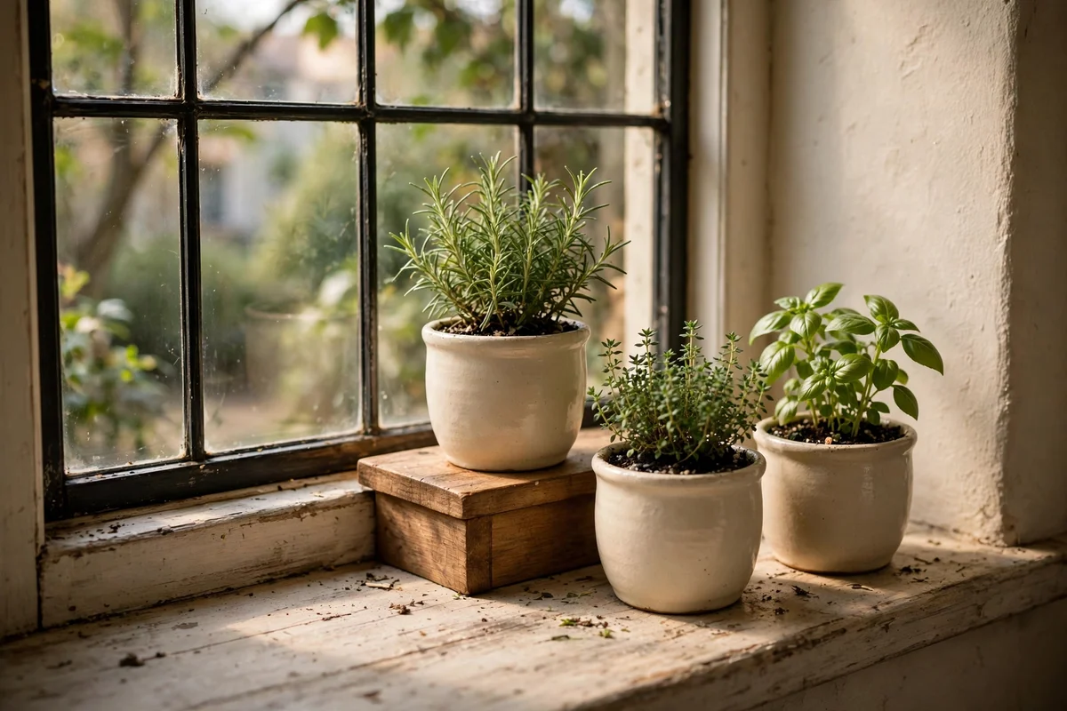 Small herb pots grouped on the sill toward the narrow side
