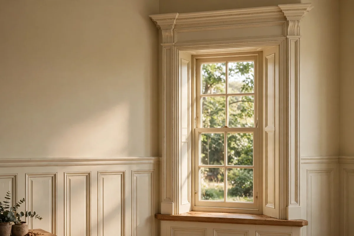Wider decorative casing making the off-centre window a deliberate feature
