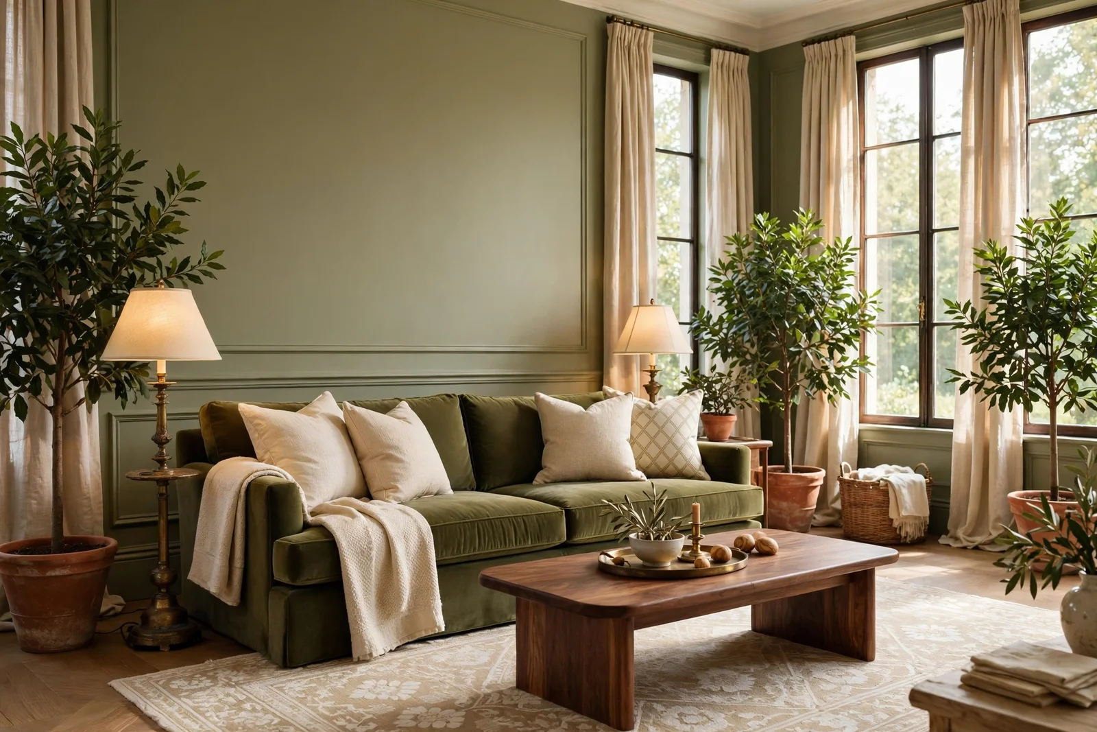 Olive green living room with velvet sofa, brass lamps, walnut table and cream textiles in warm daylight