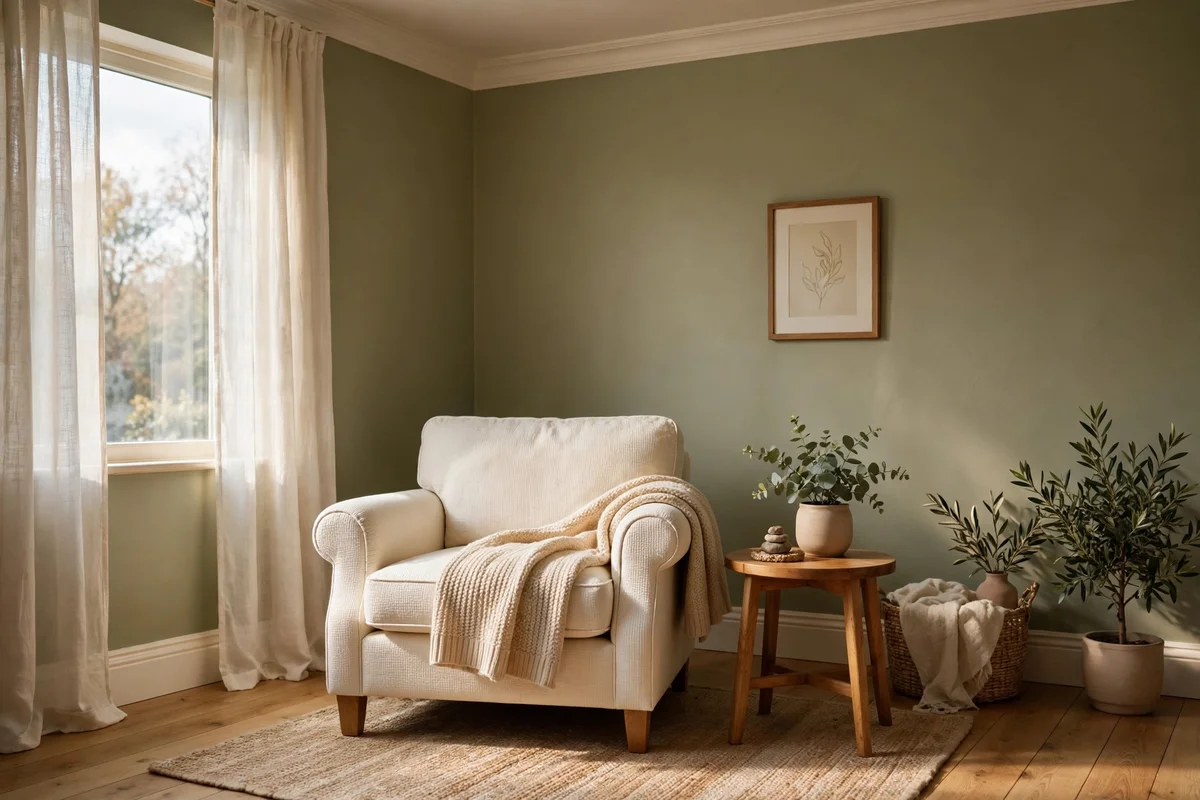 Living room with soft mid-tone olive walls in cool north-facing light, warm white woodwork and cream armchair