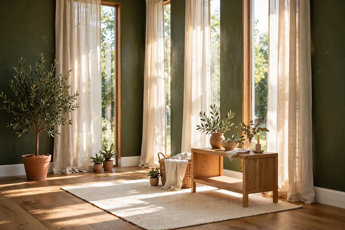 Sunlit south-facing living room with deep olive walls, pale linen curtains and cream rug softening the bright light