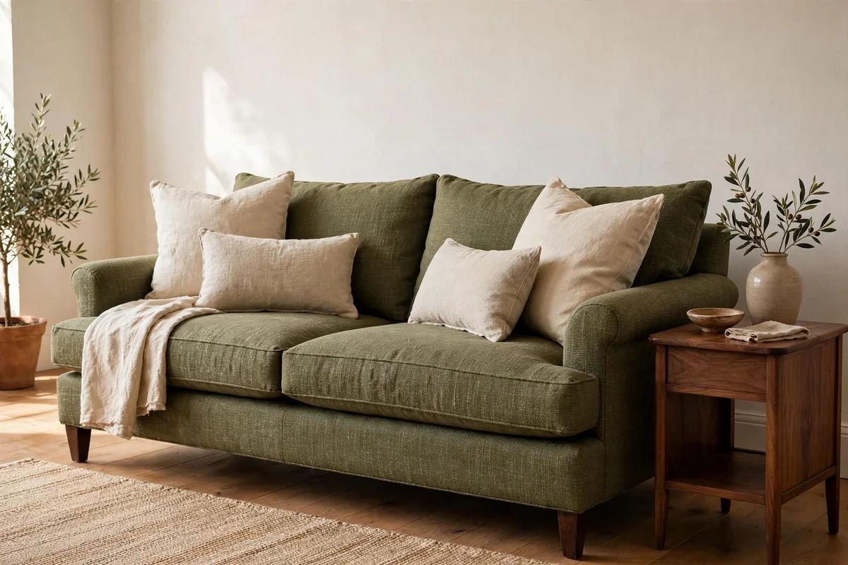 Classic olive green three-seater sofa dressed with cream and natural linen cushions in a calm living room