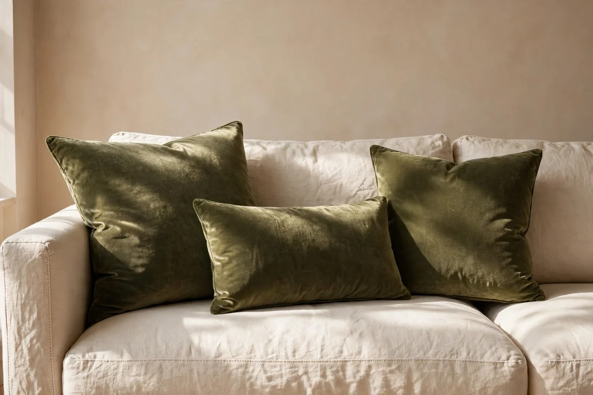 Cream sofa layered with three olive velvet cushions in mixed sizes, soft daylight from a nearby window