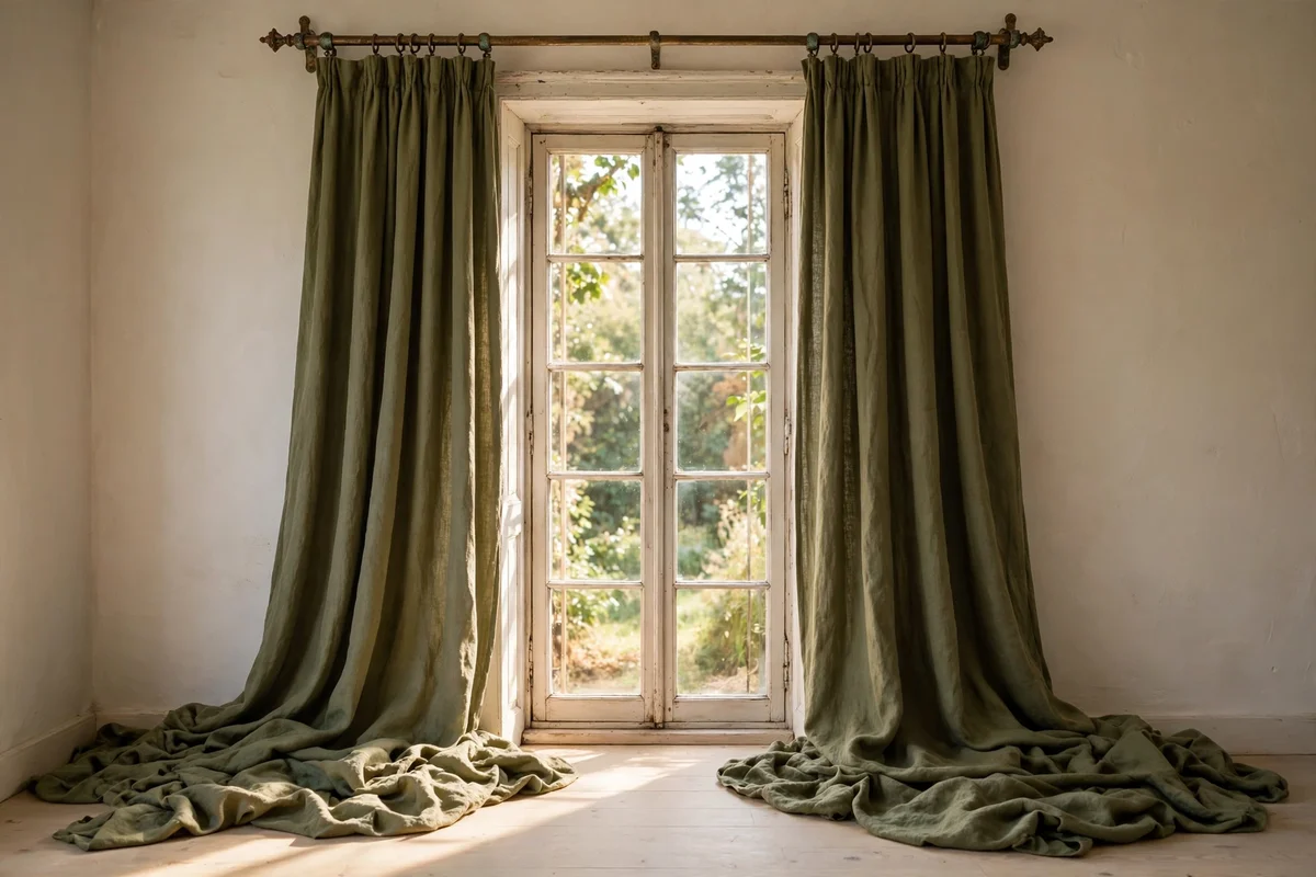 Floor-length olive linen curtains on an aged brass rod, gently puddling on a wooden floor