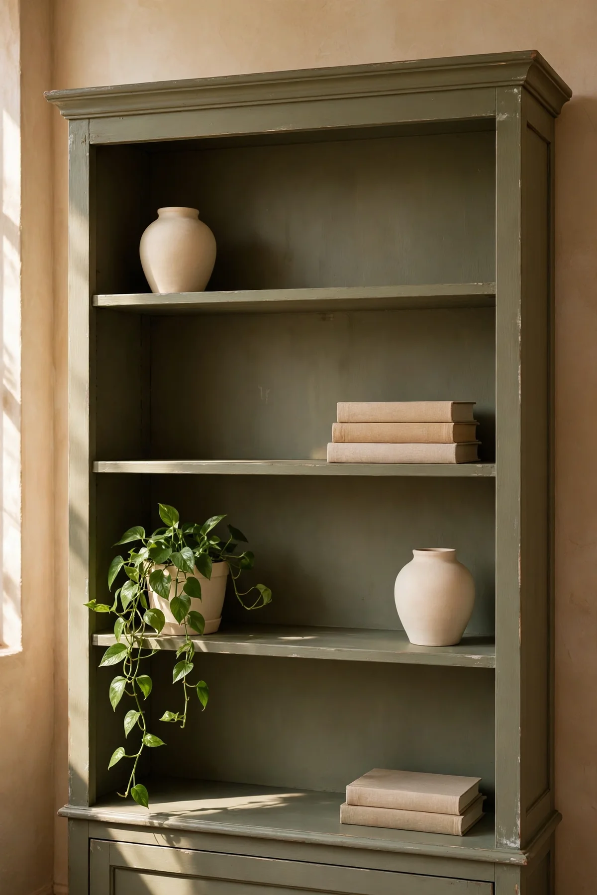 Wooden bookcase painted in muted olive, styled with cream ceramics, books and a trailing plant