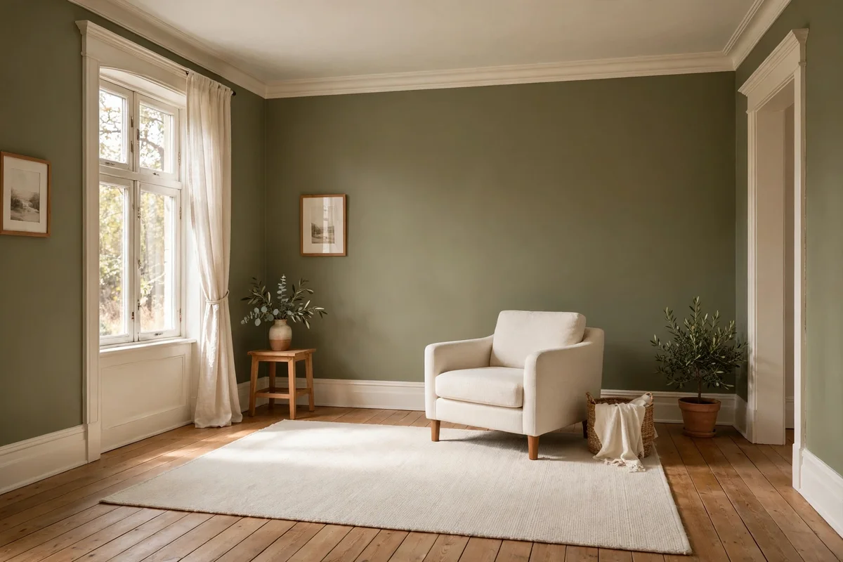 Olive green walls framed by warm white woodwork and ceiling, large cream rug on the floor