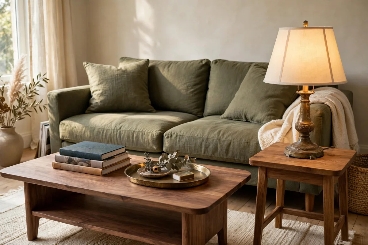 Walnut coffee table in front of an olive sofa, aged brass table lamp glowing on a side table