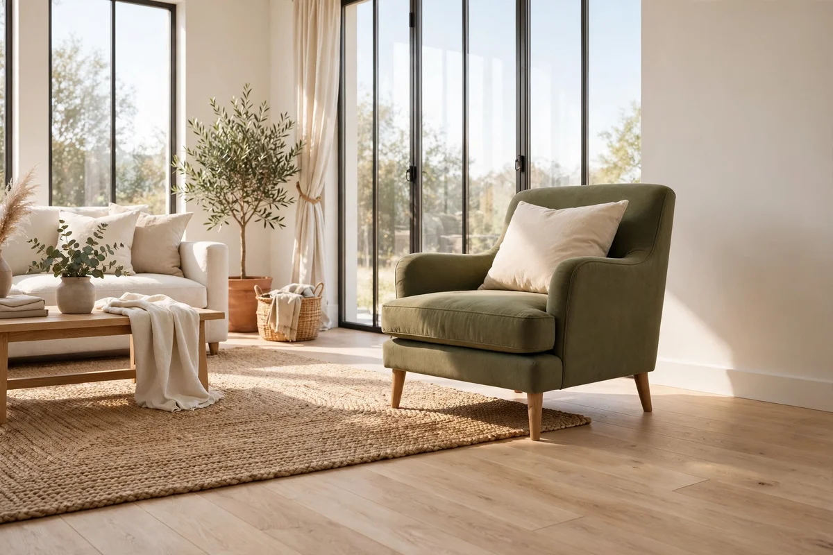 Pale oak floorboards with a natural jute rug under an olive armchair in a bright living room