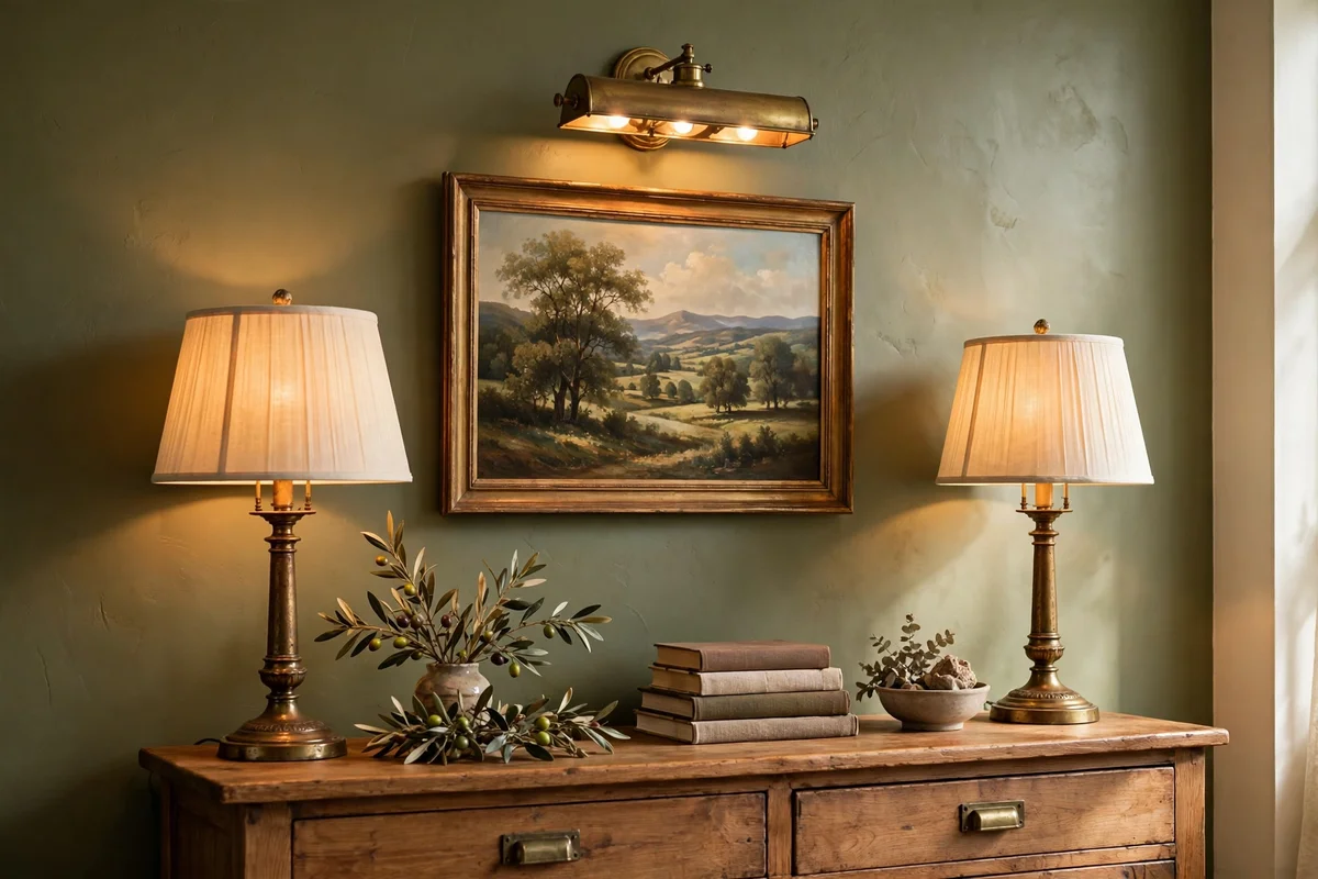 Pair of aged brass table lamps with cream shades beside an olive sofa, brass picture light above art