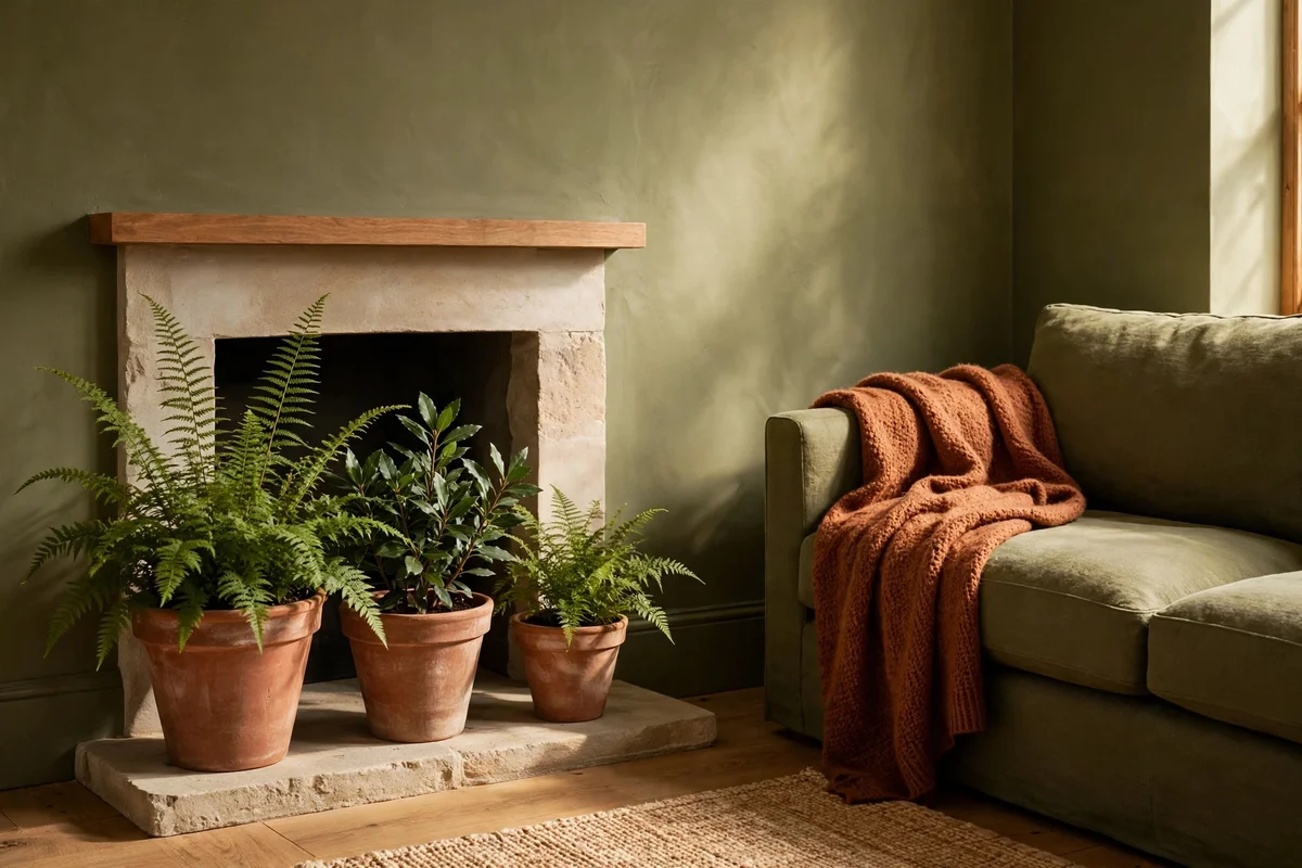 Terracotta pots with green plants beside a fireplace in an olive living room, rust-toned throw on sofa
