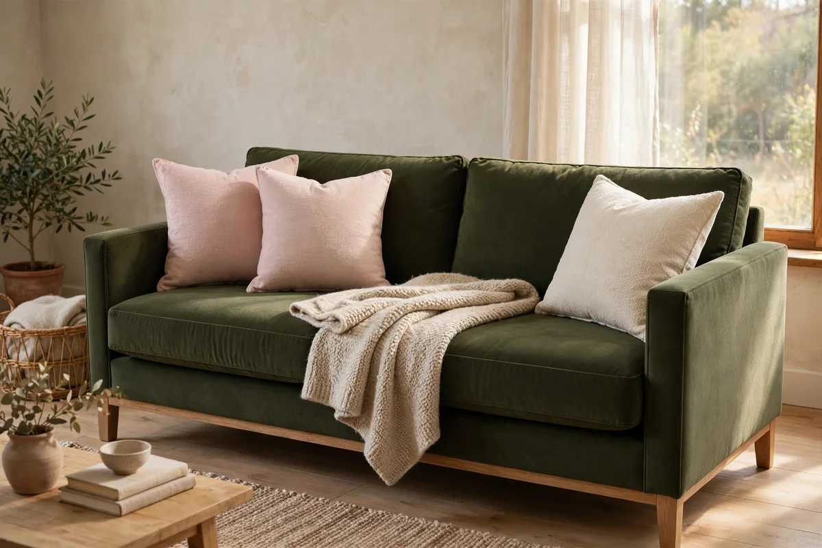 Deep olive sofa softened with blush pink cushions and an oatmeal wool throw in soft daylight