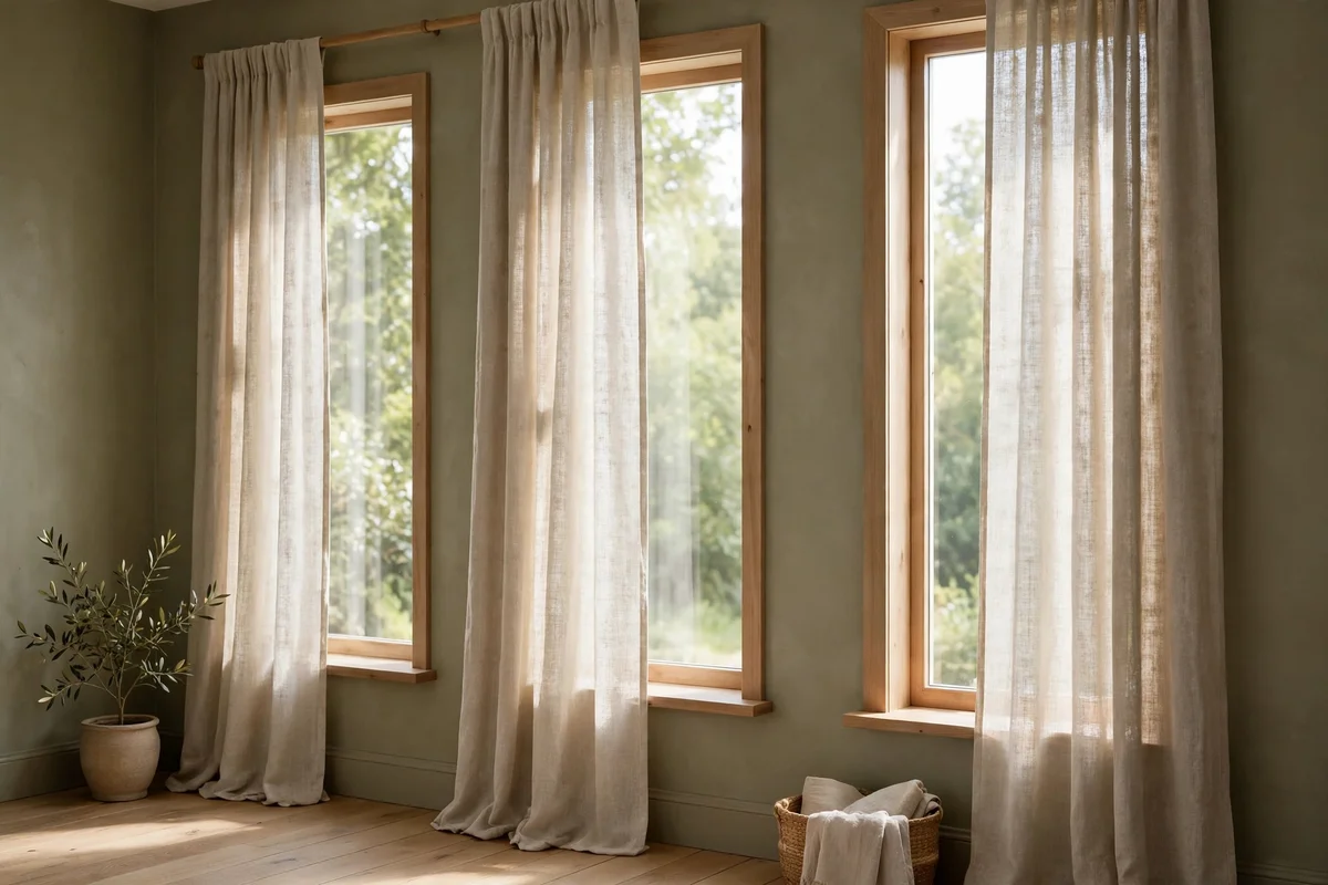 Tall windows dressed in natural oatmeal linen curtains against soft olive green walls