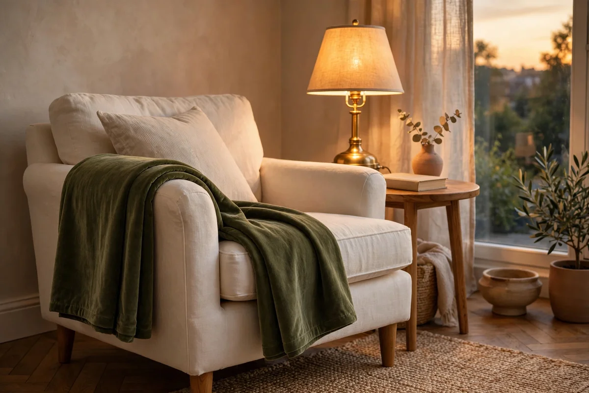 Cream armchair with a folded olive velvet throw draped over its arm, warm lamplight