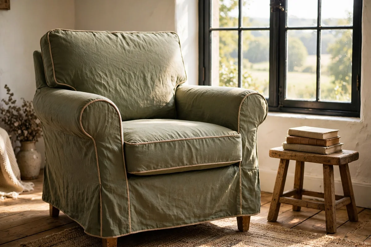 Reading chair with a loose olive linen slipcover and flax piping trim beside a bright window