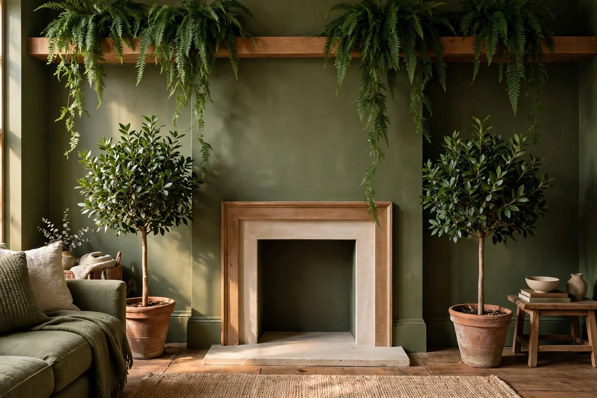 Bay trees in terracotta pots flanking a fireplace against olive walls, ferns trailing from a high shelf
