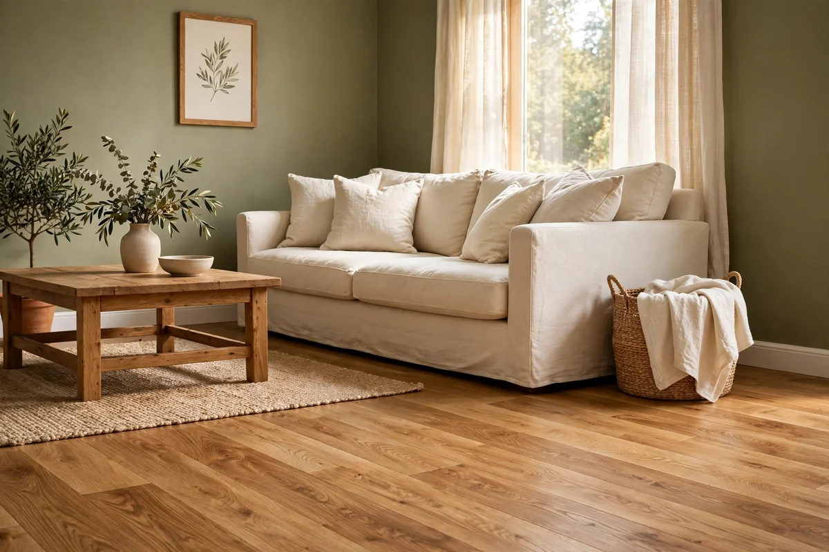 Mid-tone oak floorboards with honeyed grain running beneath olive walls and cream textiles