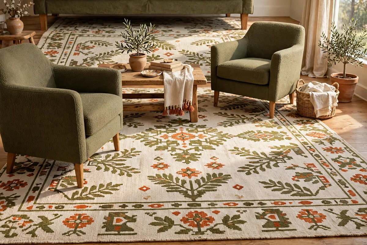 Large cream and olive patterned flatweave rug zoning the seating area of a living room
