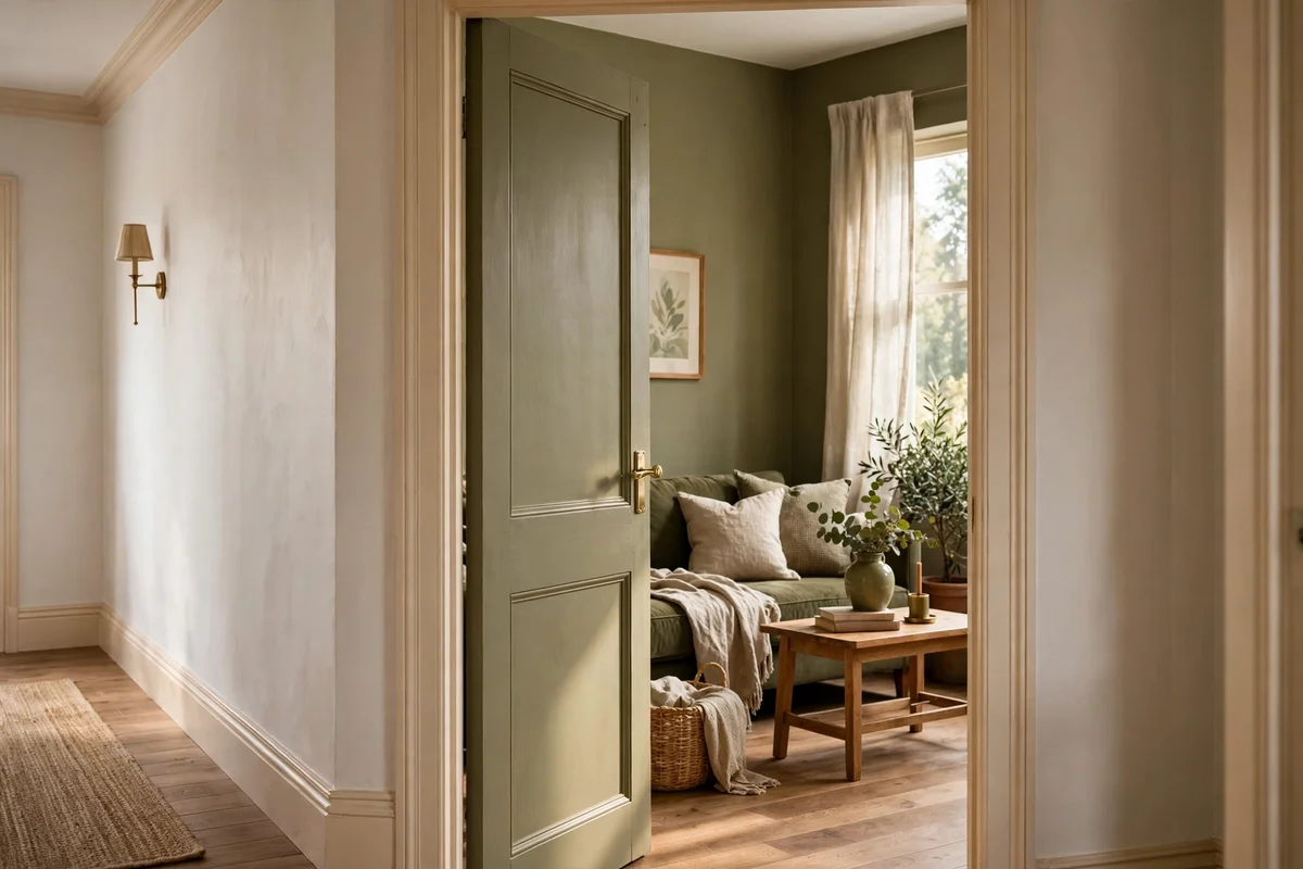 Interior door painted in muted olive with warm white frame, opening from hallway to sitting room