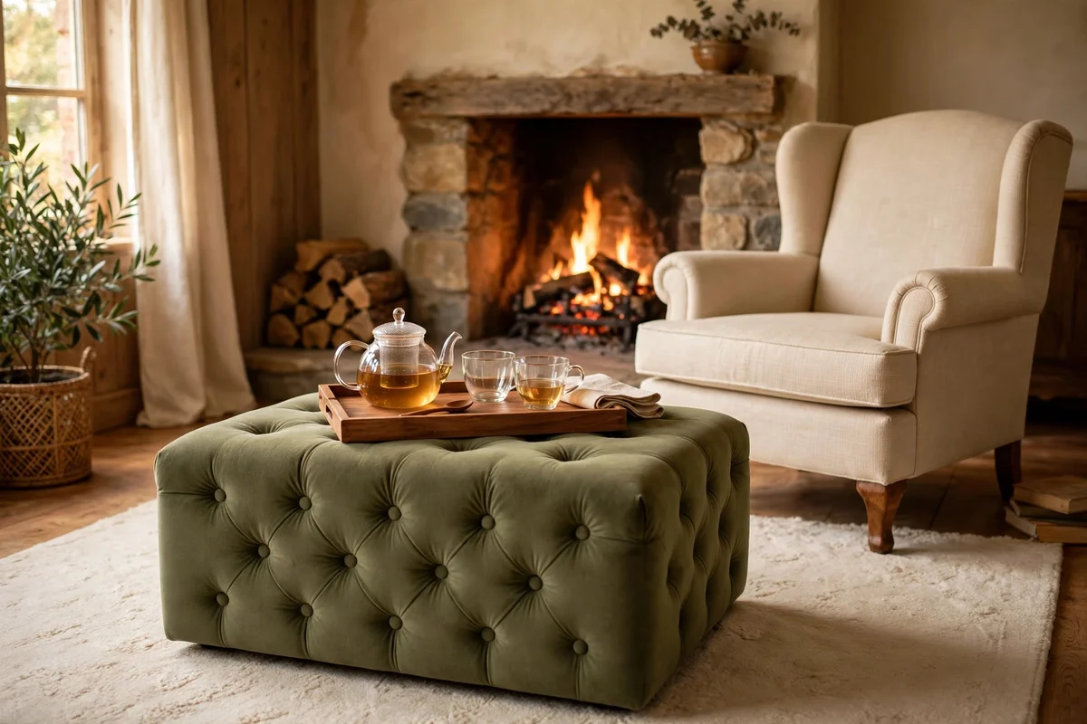 Buttoned olive ottoman beside a fireside armchair, styled with a tray of tea things