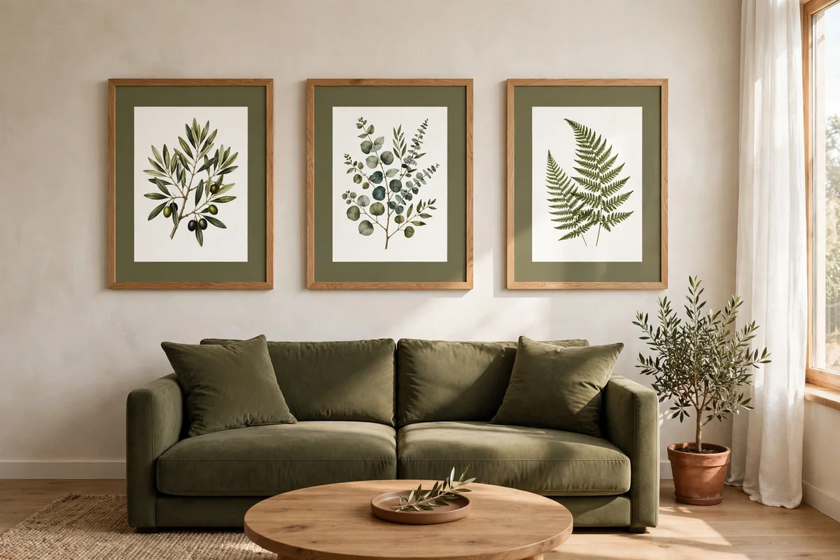 Three framed botanical prints with olive mounts hung in a row above an olive sofa