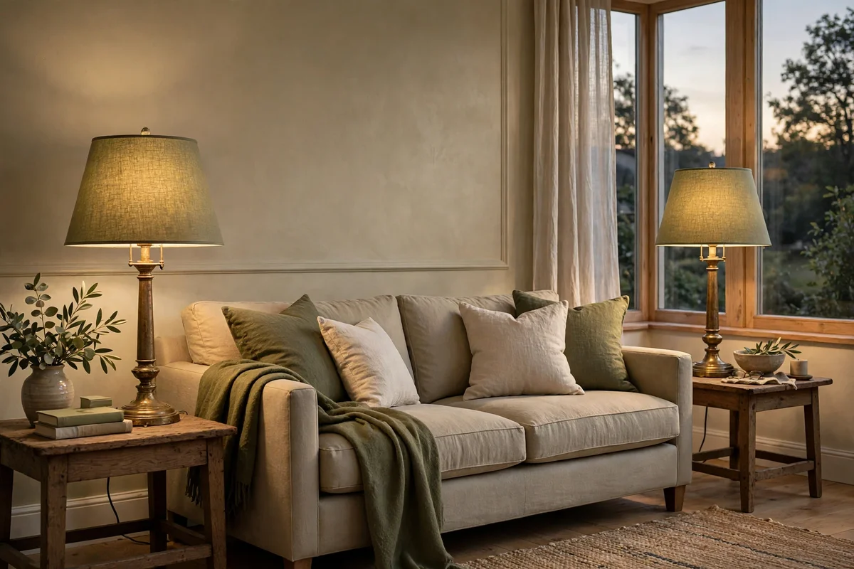 Aged brass table lamps with olive linen shades glowing warmly on either side of a sofa